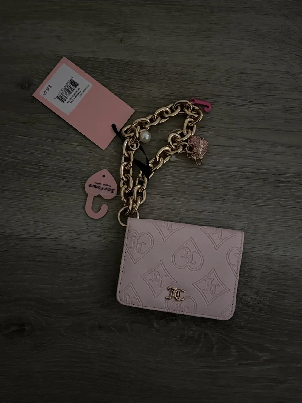 Juicy Couture Pale Pink Embossed Mini Card Holder with Gold Charm Chain